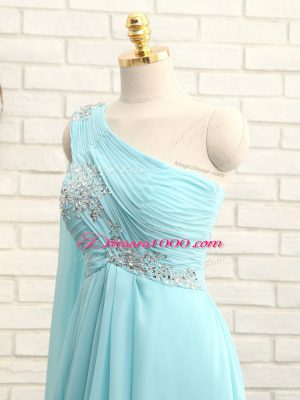 Aqua Blue Bridesmaid Gown Prom and Party and Wedding Party with Beading and Ruching One Shoulder Sleeveless Brush Train Zipper