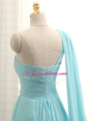 Aqua Blue Bridesmaid Gown Prom and Party and Wedding Party with Beading and Ruching One Shoulder Sleeveless Brush Train Zipper