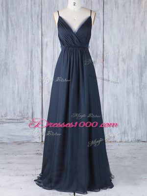 Exquisite Floor Length Navy Blue Wedding Party Dress Chiffon Sleeveless Ruching