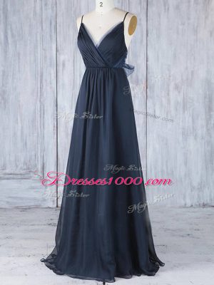 Exquisite Floor Length Navy Blue Wedding Party Dress Chiffon Sleeveless Ruching