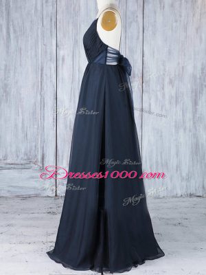 Exquisite Floor Length Navy Blue Wedding Party Dress Chiffon Sleeveless Ruching