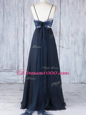 Exquisite Floor Length Navy Blue Wedding Party Dress Chiffon Sleeveless Ruching