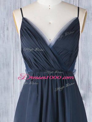 Exquisite Floor Length Navy Blue Wedding Party Dress Chiffon Sleeveless Ruching