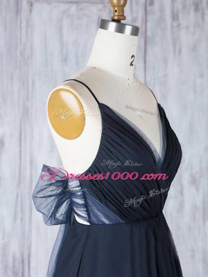 Exquisite Floor Length Navy Blue Wedding Party Dress Chiffon Sleeveless Ruching