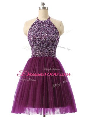 Romantic Halter Top Sleeveless Evening Dress Mini Length Beading and Sequins Dark Purple Tulle