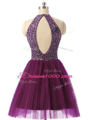 Romantic Halter Top Sleeveless Evening Dress Mini Length Beading and Sequins Dark Purple Tulle