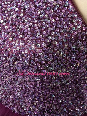 Romantic Halter Top Sleeveless Evening Dress Mini Length Beading and Sequins Dark Purple Tulle