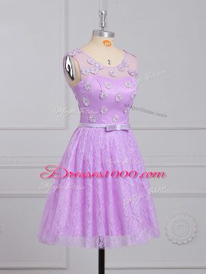 Appliques and Belt Quinceanera Court Dresses Lilac Lace Up Sleeveless Mini Length