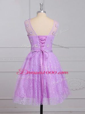 Appliques and Belt Quinceanera Court Dresses Lilac Lace Up Sleeveless Mini Length