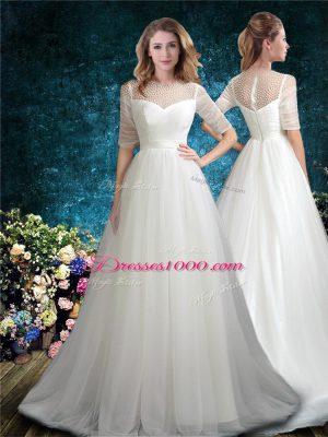 Noble Half Sleeves Beading Zipper Wedding Dresses with White Brush Train