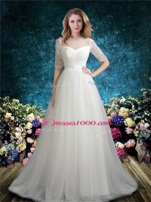 Noble Half Sleeves Beading Zipper Wedding Dresses with White Brush Train