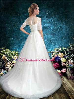 Noble Half Sleeves Beading Zipper Wedding Dresses with White Brush Train