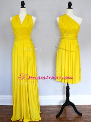 Chic Yellow Halter Top Neckline Ruching Wedding Guest Dresses Sleeveless Lace Up