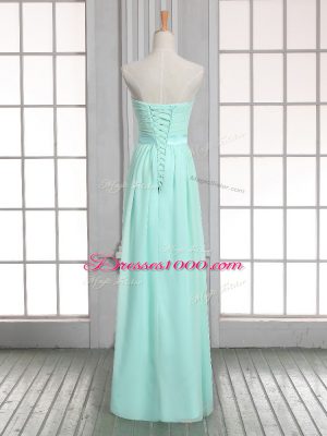 Apple Green Sleeveless Floor Length Ruching Lace Up Dress for Prom