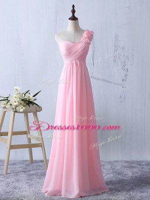 Wonderful Empire Dama Dress for Quinceanera Baby Pink One Shoulder Chiffon Sleeveless Floor Length Zipper