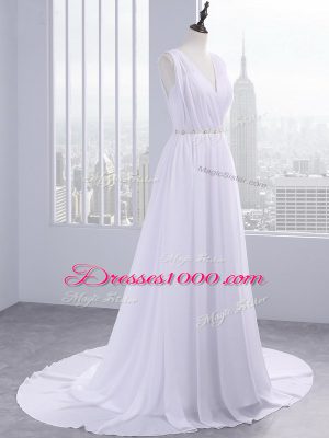 Delicate Belt Wedding Gown White Backless Sleeveless Brush Train