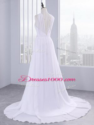 Delicate Belt Wedding Gown White Backless Sleeveless Brush Train