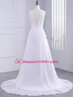 Delicate Belt Wedding Gown White Backless Sleeveless Brush Train