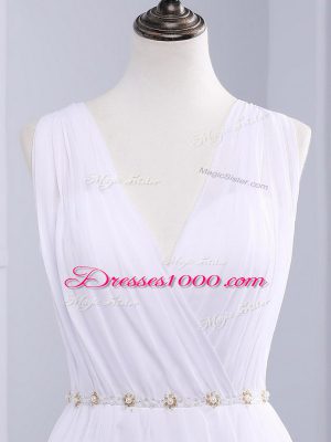 Delicate Belt Wedding Gown White Backless Sleeveless Brush Train