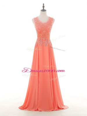 Clearance Sleeveless Chiffon Floor Length Zipper Evening Dresses in Watermelon Red with Lace and Appliques