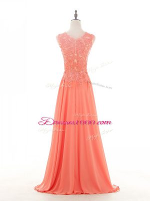 Clearance Sleeveless Chiffon Floor Length Zipper Evening Dresses in Watermelon Red with Lace and Appliques