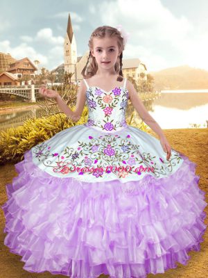 Floor Length Lilac Pageant Gowns For Girls Straps Sleeveless Lace Up
