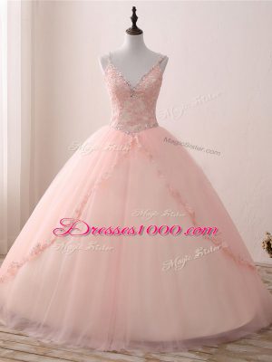 Decent Pink V-neck Neckline Beading and Appliques 15 Quinceanera Dress Sleeveless Lace Up