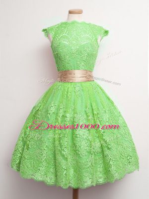 Dynamic Green Ball Gowns High-neck Cap Sleeves Lace Knee Length Lace Up Belt Court Dresses for Sweet 16