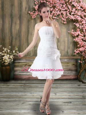 White Chiffon Lace Up Strapless Sleeveless Knee Length Wedding Gown Hand Made Flower