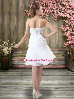 White Chiffon Lace Up Strapless Sleeveless Knee Length Wedding Gown Hand Made Flower