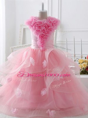 Trendy Baby Pink Ball Gowns Tulle High-neck Sleeveless Ruffles and Hand Made Flower Floor Length Zipper Little Girl Pageant Dress