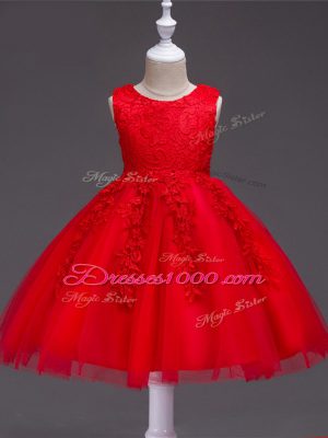 Red Ball Gowns Appliques Little Girl Pageant Dress Zipper Tulle Sleeveless Knee Length