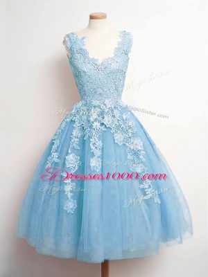 Flirting Sleeveless Knee Length Lace Lace Up Wedding Guest Dresses with Baby Blue