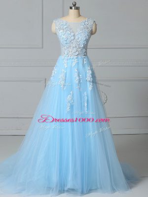 Cheap Baby Blue Tulle Lace Up Prom Gown Sleeveless Brush Train Lace