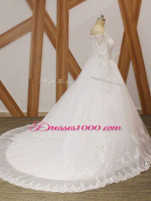 White Bridal Gown Scalloped Long Sleeves Court Train Lace Up