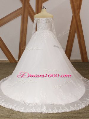 White Bridal Gown Scalloped Long Sleeves Court Train Lace Up