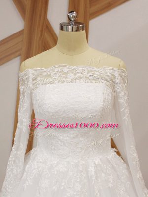 White Bridal Gown Scalloped Long Sleeves Court Train Lace Up