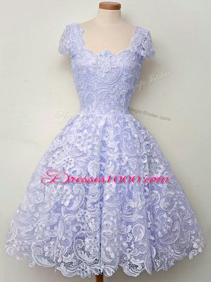 Knee Length A-line Cap Sleeves Lavender Wedding Guest Dresses Lace Up