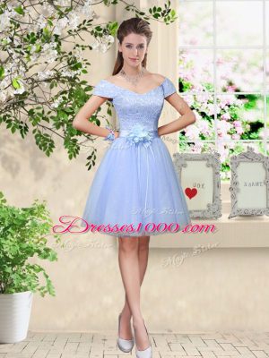 Lavender Cap Sleeves Lace and Belt Knee Length Damas Dress