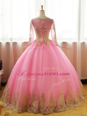 Navy Blue Ball Gowns Organza Scoop Long Sleeves Appliques Floor Length Lace Up 15th Birthday Dress
