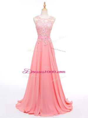 Sumptuous Watermelon Red Lace Up Prom Party Dress Beading and Lace Sleeveless Brush Train
