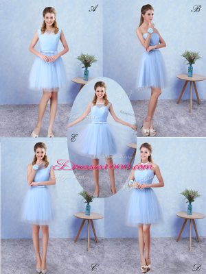 Artistic Tulle Scoop Sleeveless Lace Up Ruching Quinceanera Dama Dress in Blue