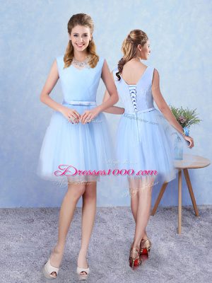 Artistic Tulle Scoop Sleeveless Lace Up Ruching Quinceanera Dama Dress in Blue