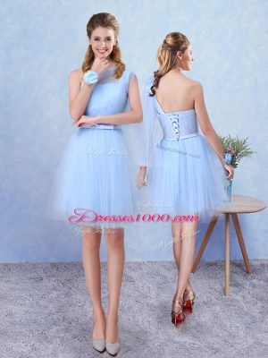 Artistic Tulle Scoop Sleeveless Lace Up Ruching Quinceanera Dama Dress in Blue