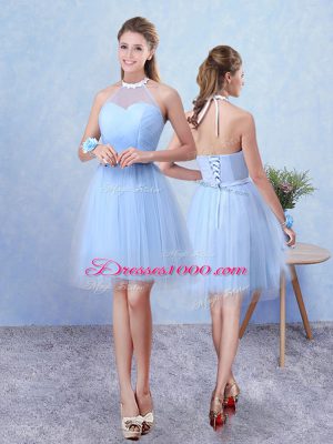 Artistic Tulle Scoop Sleeveless Lace Up Ruching Quinceanera Dama Dress in Blue