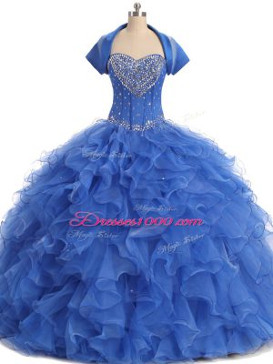 Custom Designed Blue Ball Gowns Beading and Ruffles Sweet 16 Quinceanera Dress Lace Up Organza Sleeveless Floor Length