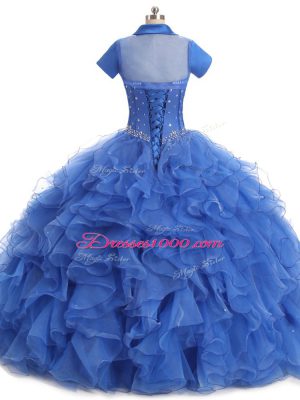 Custom Designed Blue Ball Gowns Beading and Ruffles Sweet 16 Quinceanera Dress Lace Up Organza Sleeveless Floor Length