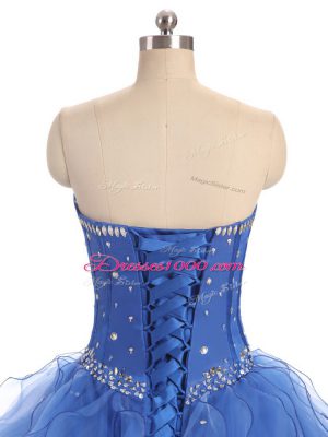 Custom Designed Blue Ball Gowns Beading and Ruffles Sweet 16 Quinceanera Dress Lace Up Organza Sleeveless Floor Length