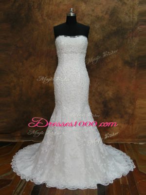 Lace Wedding Dress White Lace Up Sleeveless Brush Train