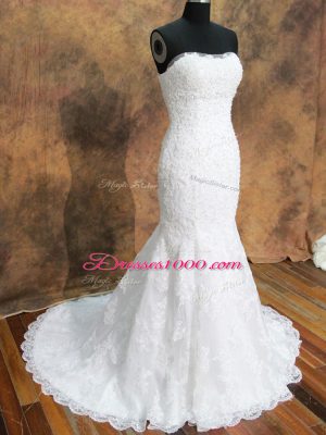 Lace Wedding Dress White Lace Up Sleeveless Brush Train